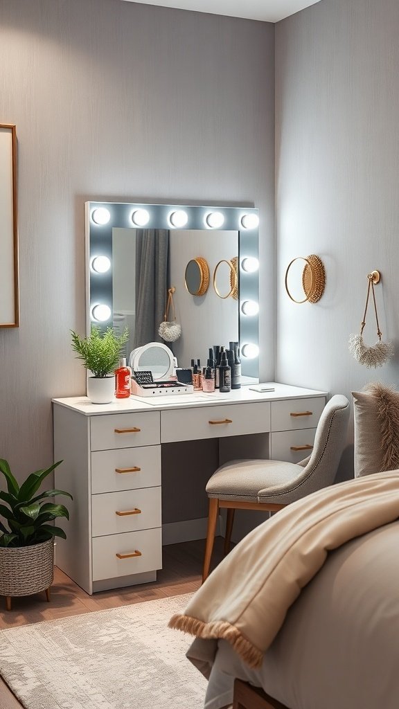 A stylish bedroom vanity with integrated lighting, featuring a large mirror surrounded by circular lights, a comfortable chair, and a few beauty products on the table.