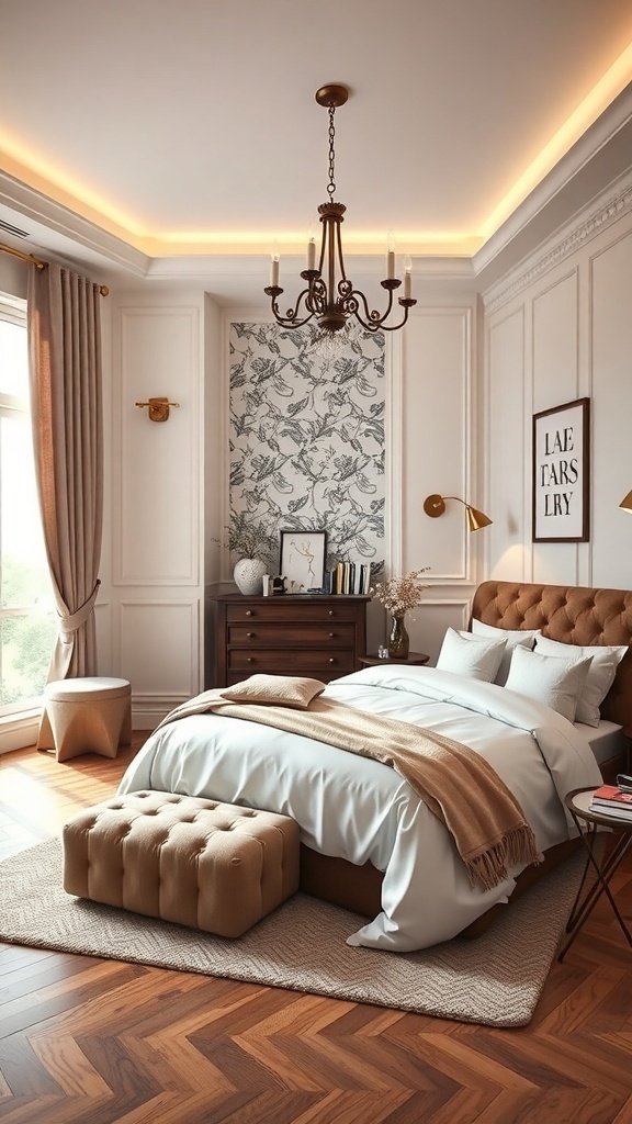 A classy bedroom featuring a tufted bed, elegant lighting, and warm decor.