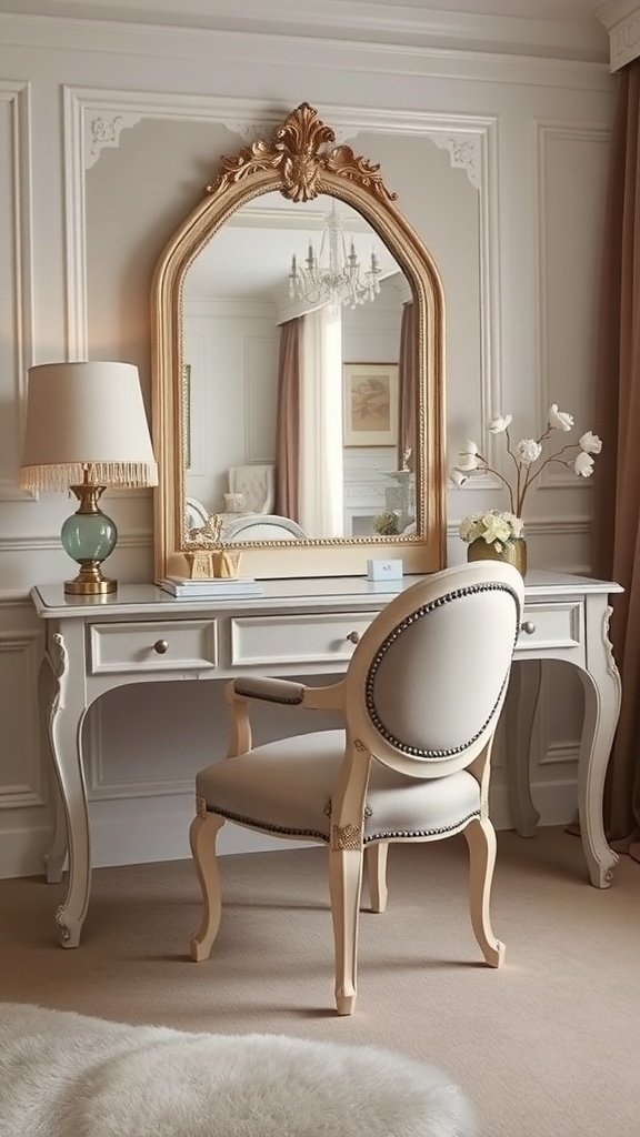 Elegant upholstered vanity chair in a stylish bedroom setting