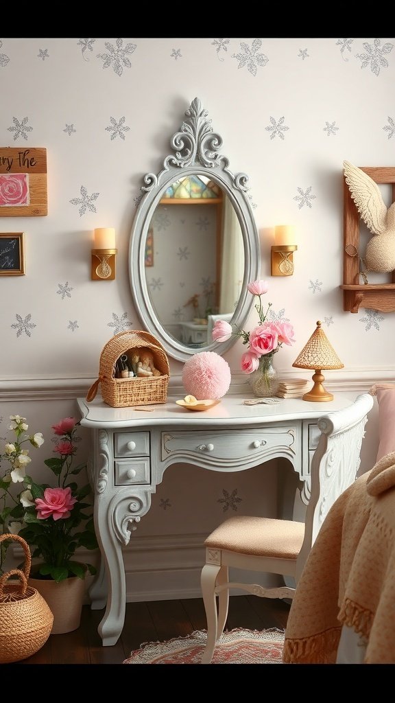 A whimsical vanity setup with a blue vanity, ornate mirror, pink flowers, and cozy decor.