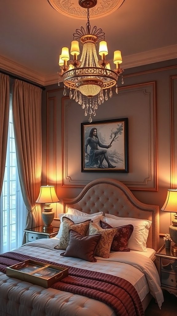 A classy bedroom featuring a beautiful chandelier and elegant bedside lamps.