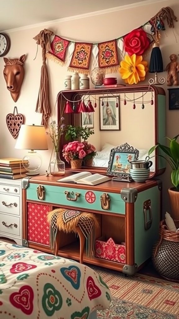 A vintage suitcase transformed into a vanity with colorful decor and a mirror.