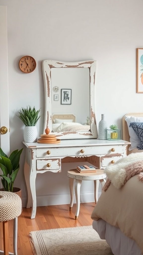 A charming DIY vanity with a large mirror, white distressed finish, and decorative items in a cozy bedroom setting.