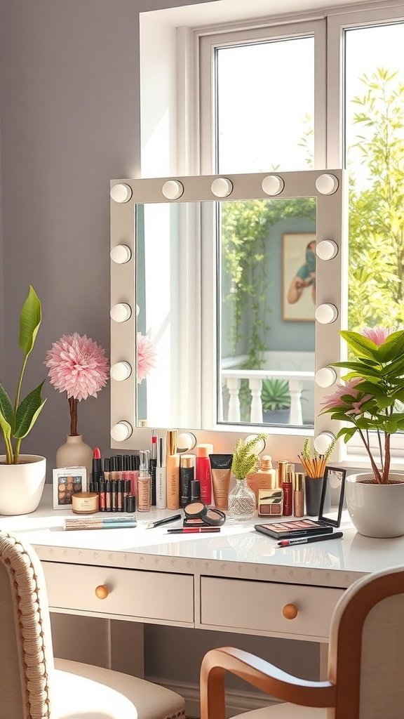 A bright and organized makeup vanity with a large mirror, surrounded by natural light, makeup products, and decorative plants.