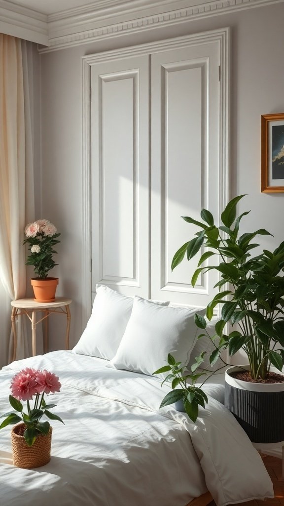A classy bedroom featuring plants and flowers, creating a fresh and inviting atmosphere.