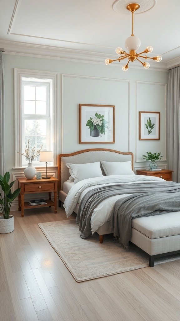 A classy bedroom featuring light colors, wooden furniture, and stylish decor.
