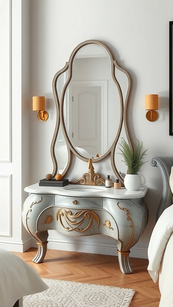 A beautifully designed vanity with a unique shape and an elegant mirror, set in a stylish bedroom.