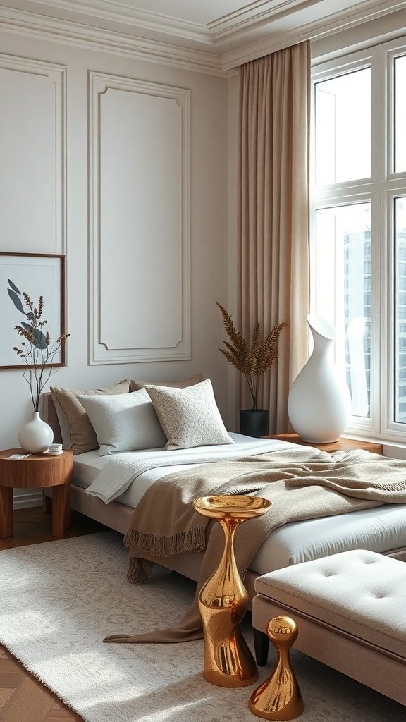 A classy bedroom featuring a bed with soft bedding, golden sculptural tables, and decorative plants.