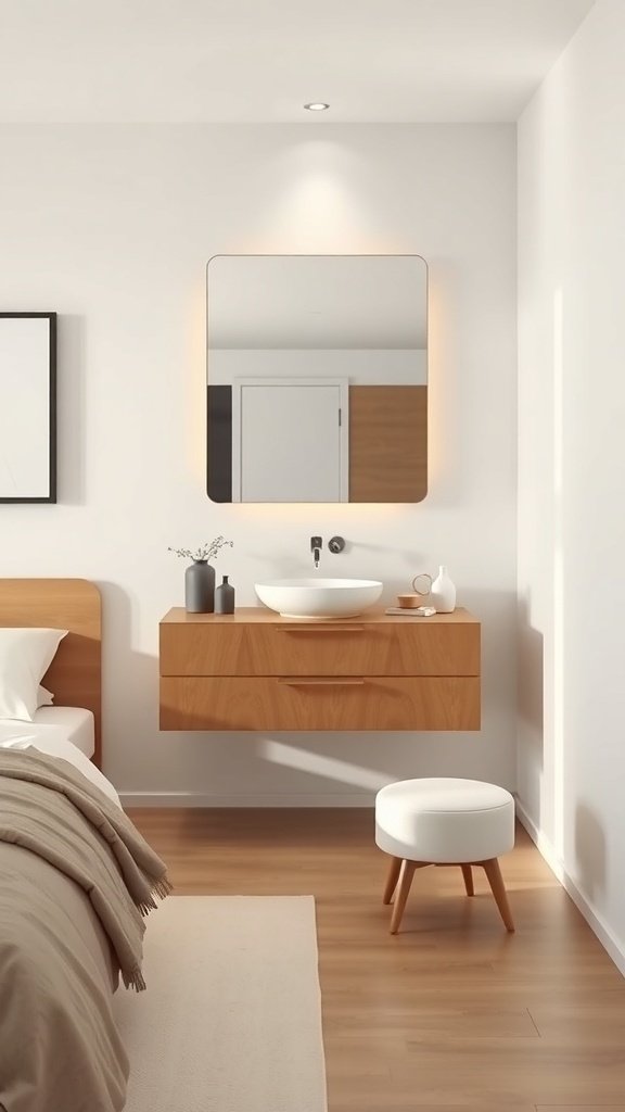 A modern floating vanity in a bedroom with a round mirror and a small stool.