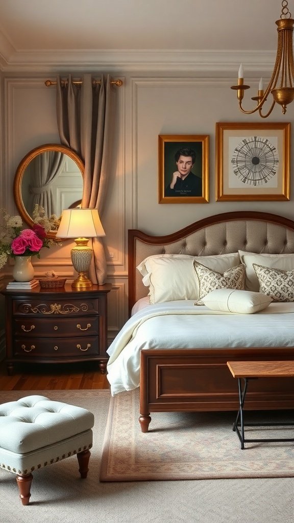 A classy bedroom featuring elegant furniture, decorative accessories, and warm lighting.