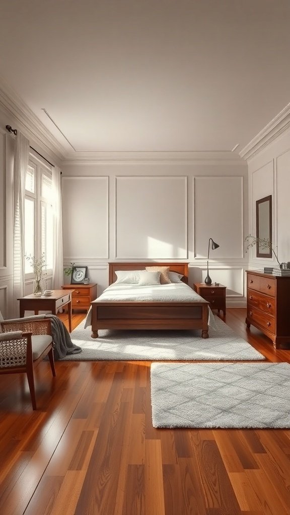 A classy bedroom featuring wooden flooring, a bed with soft linens, and a cozy area rug.