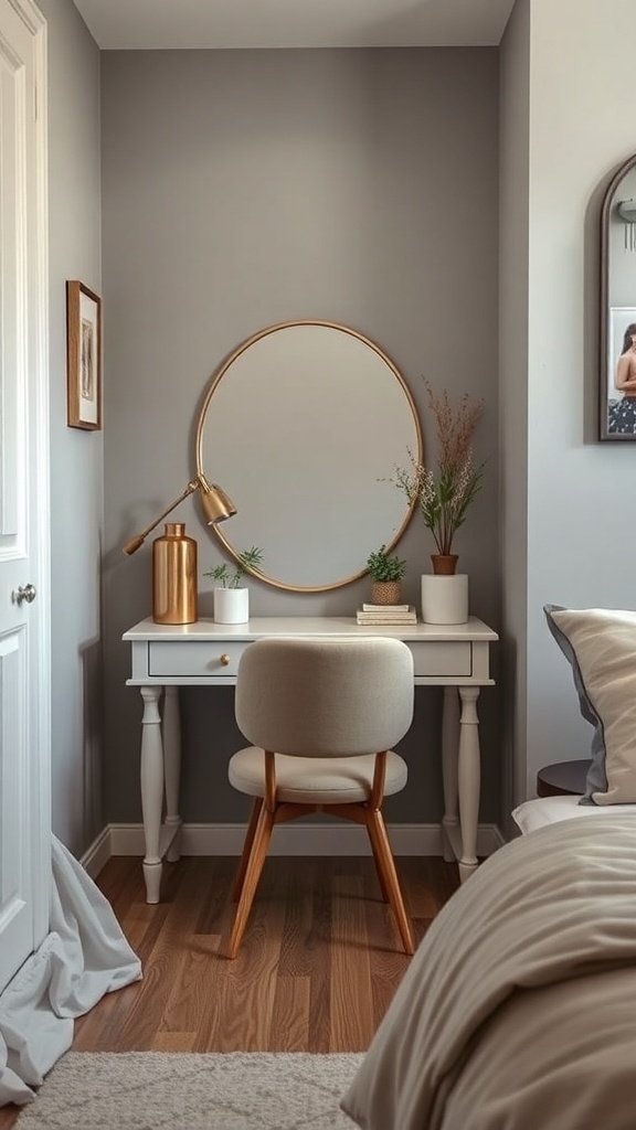 A compact corner vanity setup with a white desk, round mirror, and decorative plants in a cozy bedroom.
