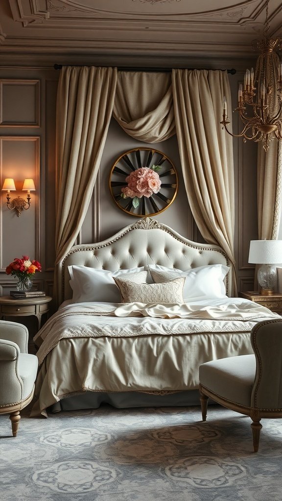 A classy bedroom featuring a tufted headboard, elegant bedding, draped curtains, and a floral arrangement.