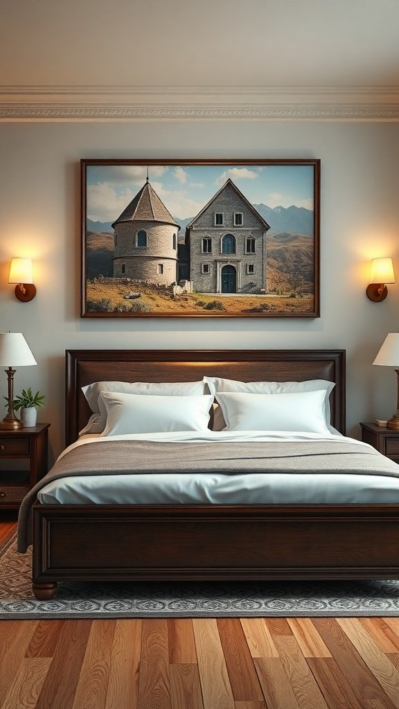 A classy bedroom featuring a wooden bed, soft bedding, and a large framed artwork of a house on the wall.