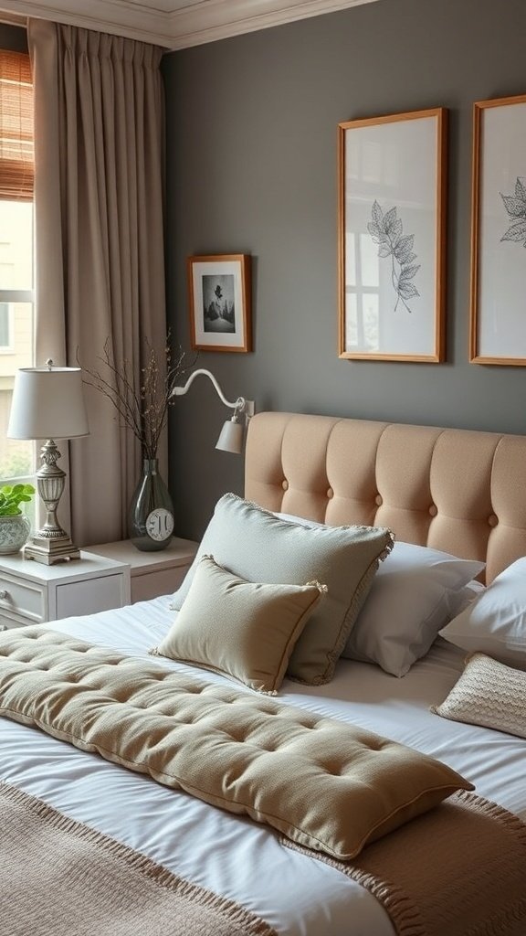 A classy bedroom featuring a tufted headboard, decorative pillows, and framed artwork.