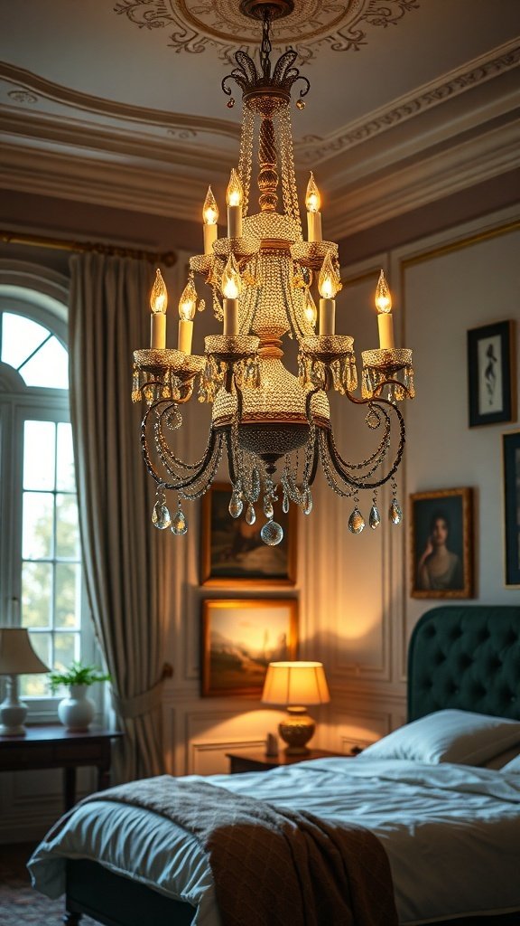 A luxurious chandelier hanging in a classy bedroom, illuminating the space with warm light.