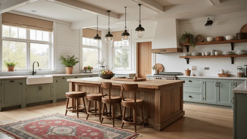 Photorealistic interior of a rustic farmhouse kitchen featuring a reclaimed barn wood island with butcher block top, sage green base cabinets, and vintage pendant lights, illuminated by morning sunlight through large windows. The scene includes leather and rattan barstools, open shelving with copper cookware, shiplap walls, wide-plank oak flooring, and fresh herbs in terracotta pots.