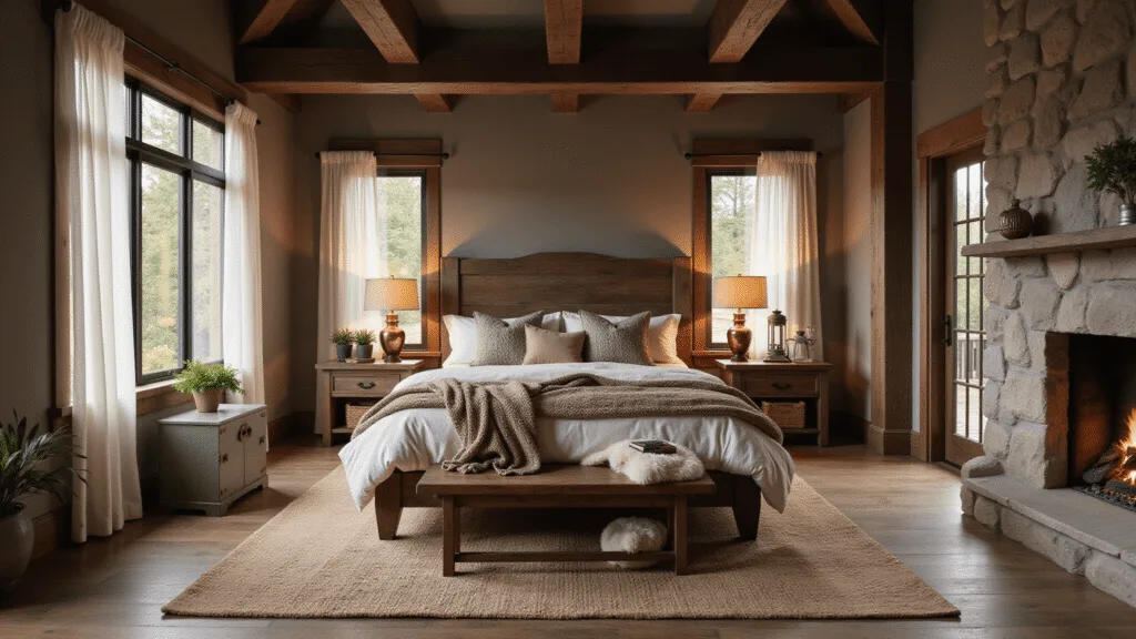 Photorealistic mountain lodge master bedroom at twilight, featuring a king bed with reclaimed barn wood headboard, organic linen bedding, and earth-toned throws. Dramatic floor-to-ceiling windows, exposed timber beams, and a stone fireplace create a warm, inviting atmosphere, complemented by vintage lanterns and a handwoven jute rug. Natural light filters through sheer curtains, enhancing textures and a minimalist aesthetic with curated vintage decor.