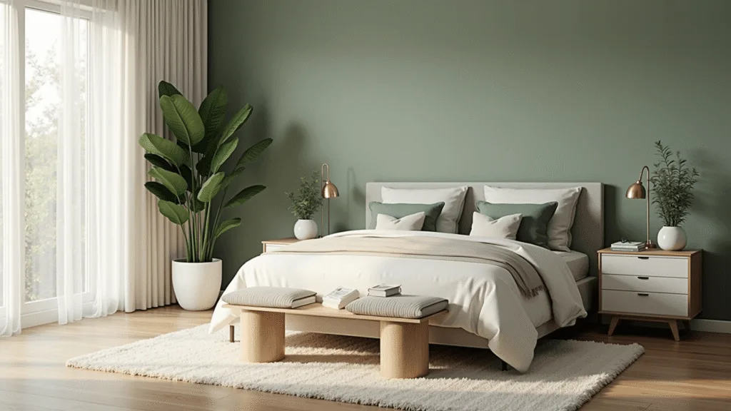 Photorealistic interior photograph of a serene sage green bedroom with crisp white bedding, layered pillows, white oak nightstands, brass lamps, and a large fiddle leaf fig plant, illuminated by soft morning light filtering through sheer curtains, enhancing the warm atmosphere.