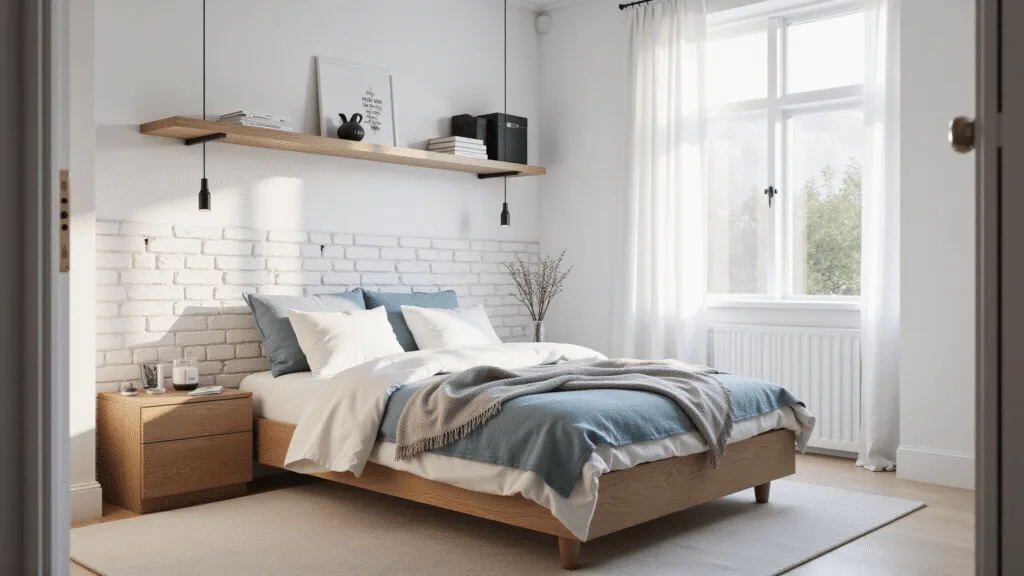 Cozy Scandinavian minimalist bedroom featuring a corner platform bed with storage, white-painted brick wall, floating oak shelves, modern pendant lights, and soft afternoon sunlight through sheer curtains.