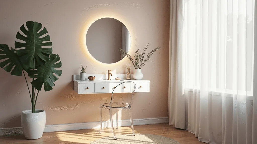 A bright Scandinavian bedroom corner featuring a minimalist white floating vanity with brass hardware, a large round backlit mirror, a transparent ghost chair, delicate blush pink walls, sheer white curtains, natural wooden flooring, and greenery including a monstera plant and eucalyptus in a ceramic vase.