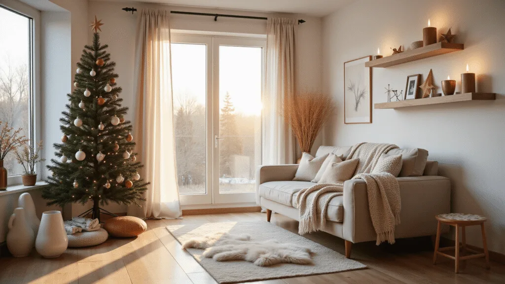 A serene Scandinavian living room adorned for Christmas, featuring a minimalist design bathed in warm golden hour light, with a decorated tree, cozy textiles, and natural holiday decor.
