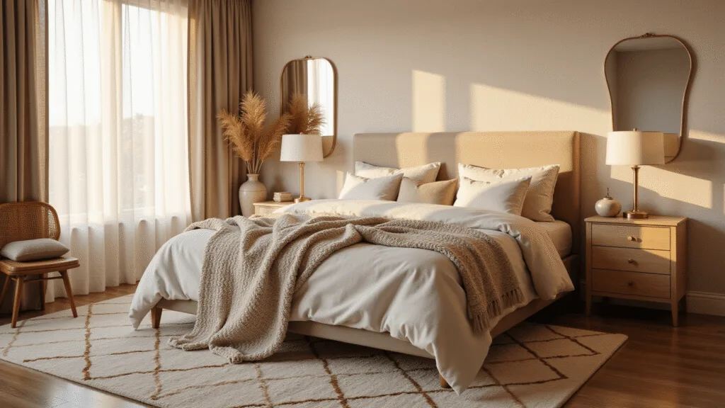 A luxurious beige bedroom illuminated by golden hour sunlight, featuring a king-sized bed with layered textured bedding, brass lamps on nightstands, a rattan chair, and a vintage mirror, all anchored by a geometric rug.