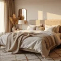A luxurious beige bedroom illuminated by golden hour sunlight, featuring a king-sized bed with layered textured bedding, brass lamps on nightstands, a rattan chair, and a vintage mirror, all anchored by a geometric rug.