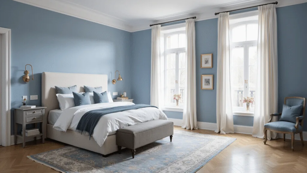 Photorealistic interior of a serene master bedroom with blue walls, a king-size bed, layered bedding, vintage rug, and large windows adorned with sheer curtains, illuminated by soft morning light.
