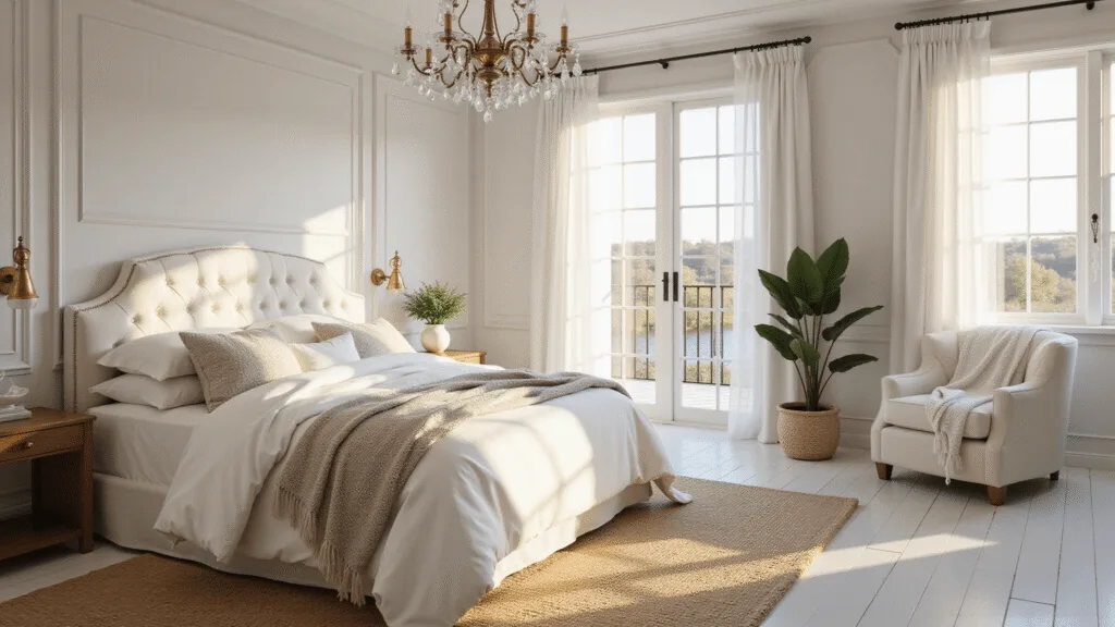 Photorealistic interior of a luxurious white master bedroom, featuring a king-size bed with layered white textiles, tufted velvet headboard, and golden hour sunlight filtering through sheer curtains, highlighting textures and soft bokeh effects.