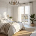 Photorealistic interior of a luxurious white master bedroom, featuring a king-size bed with layered white textiles, tufted velvet headboard, and golden hour sunlight filtering through sheer curtains, highlighting textures and soft bokeh effects.