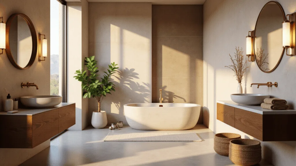 A sun-drenched minimalist bathroom featuring a freestanding stone soaking tub, floating walnut vanity with integrated sink, and brass fixtures, bathed in warm light from floor-to-ceiling windows. Textured cream limestone walls and smooth honed marble countertops contrast with organic elements like a potted monstera plant and eucalyptus branches. A round brass-framed mirror reflects ambient lighting, while natural fiber shades create dramatic shadows on heated stone floors.