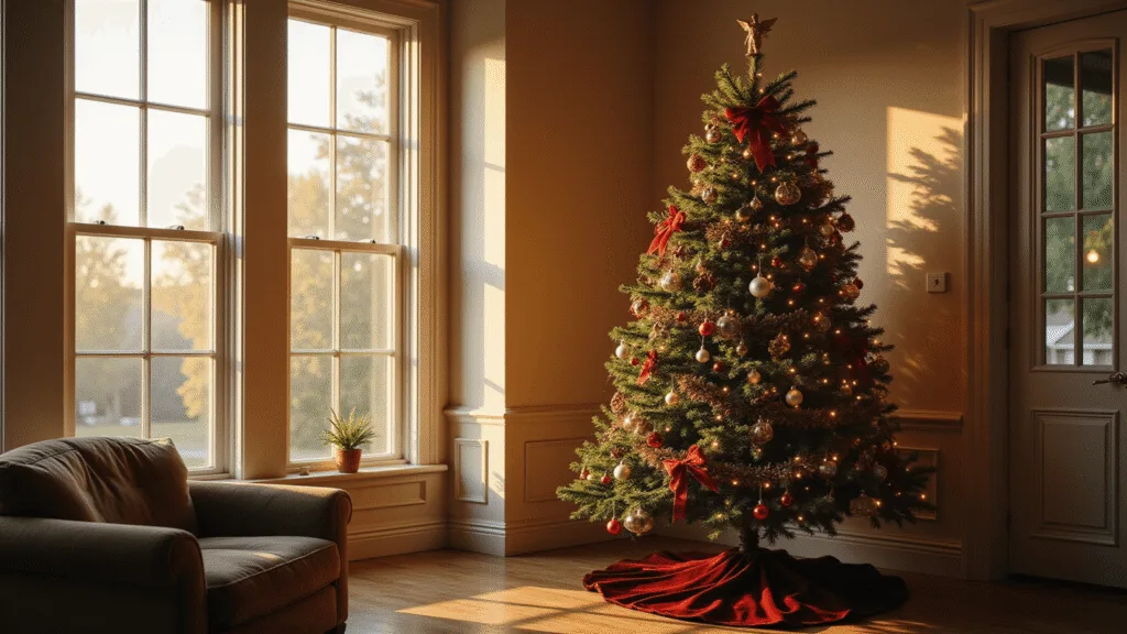 A majestic 12-foot Christmas tree in a grand living room corner, adorned with vintage Shiny Brite ornaments and warm white lights, set against cream-colored walls with colonial molding, illuminated by golden hour sunlight, evoking a nostalgic atmosphere.