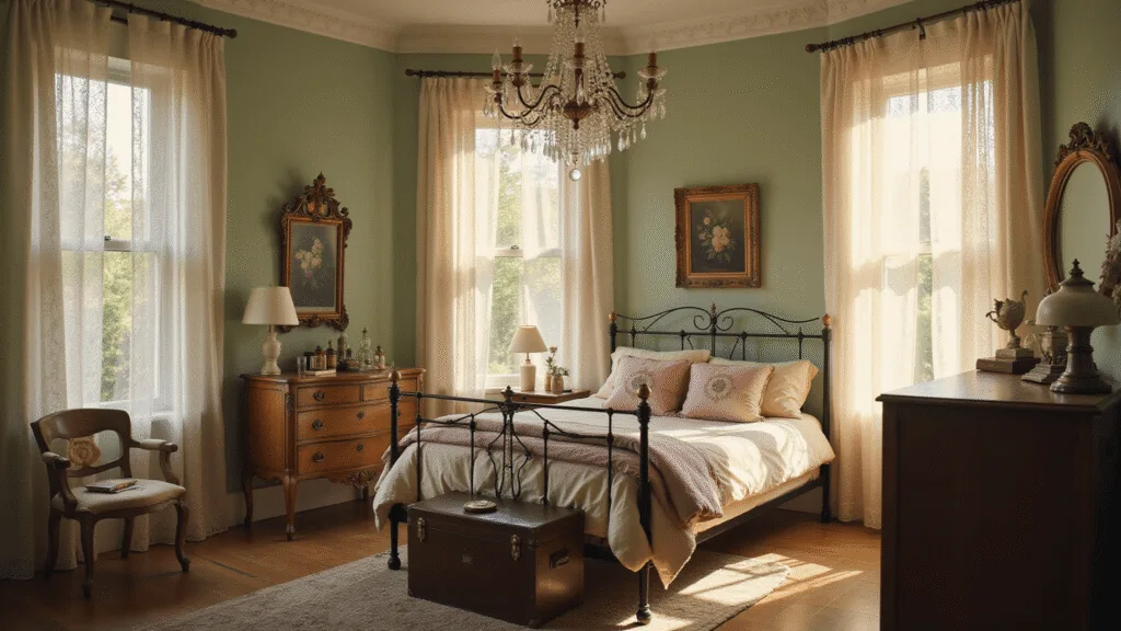 A sunlit vintage bedroom featuring an ornate iron bed, cream linens, and antique decor, with golden hour light casting ethereal shadows on sage green walls, and a crystal chandelier reflecting light across the room.