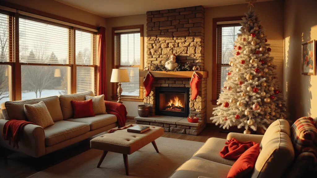 A nostalgic 1950s living room with an aluminum Christmas tree, Danish modern furniture, and warm golden hour light, featuring detailed textures and vintage decorations.