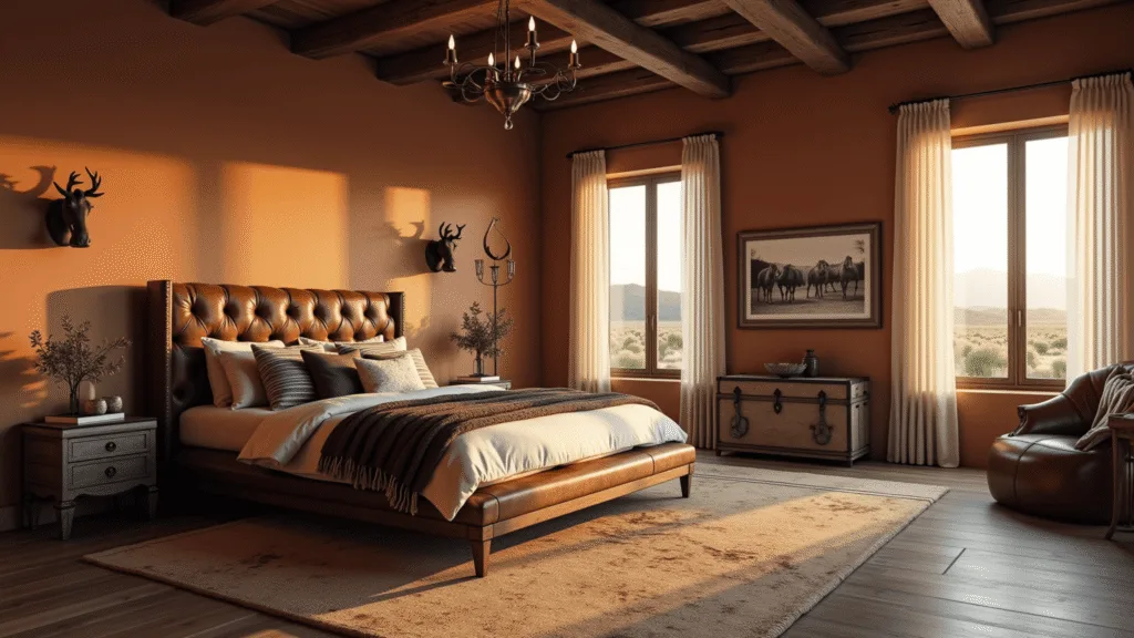 Photorealistic wide-angle view of a luxurious western rustic bedroom at golden hour, featuring a king-size leather tufted bed, barnwood frame, layered bedding, exposed wooden beams, and warm terracotta adobe walls, bathed in soft sunset light.