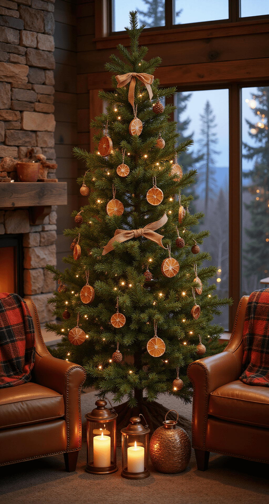 Cozy mountain cabin great room at dusk, featuring a decorated pine tree in front of a stone fireplace, plaid throws on leather armchairs, and warm copper lanterns illuminating natural textures like pine cones and burlap.