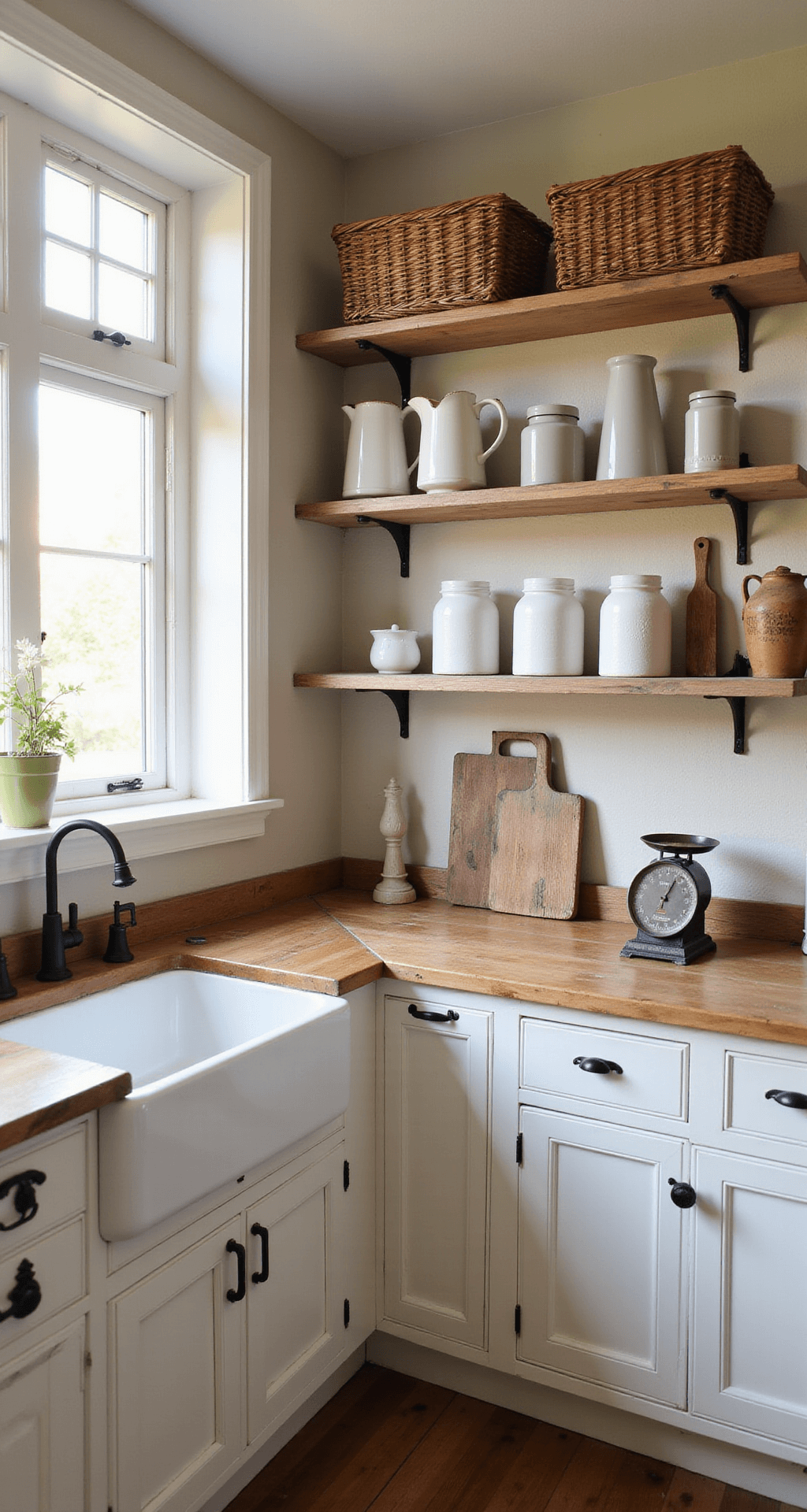 A wide-angle view of a sunlit farmhouse kitchen featuring vintage white cabinets with black hardware, reclaimed wood shelving displaying ironstone pitchers, butcher block counters with a ceramic canisters and a vintage scale, all bathed in warm golden hour light.