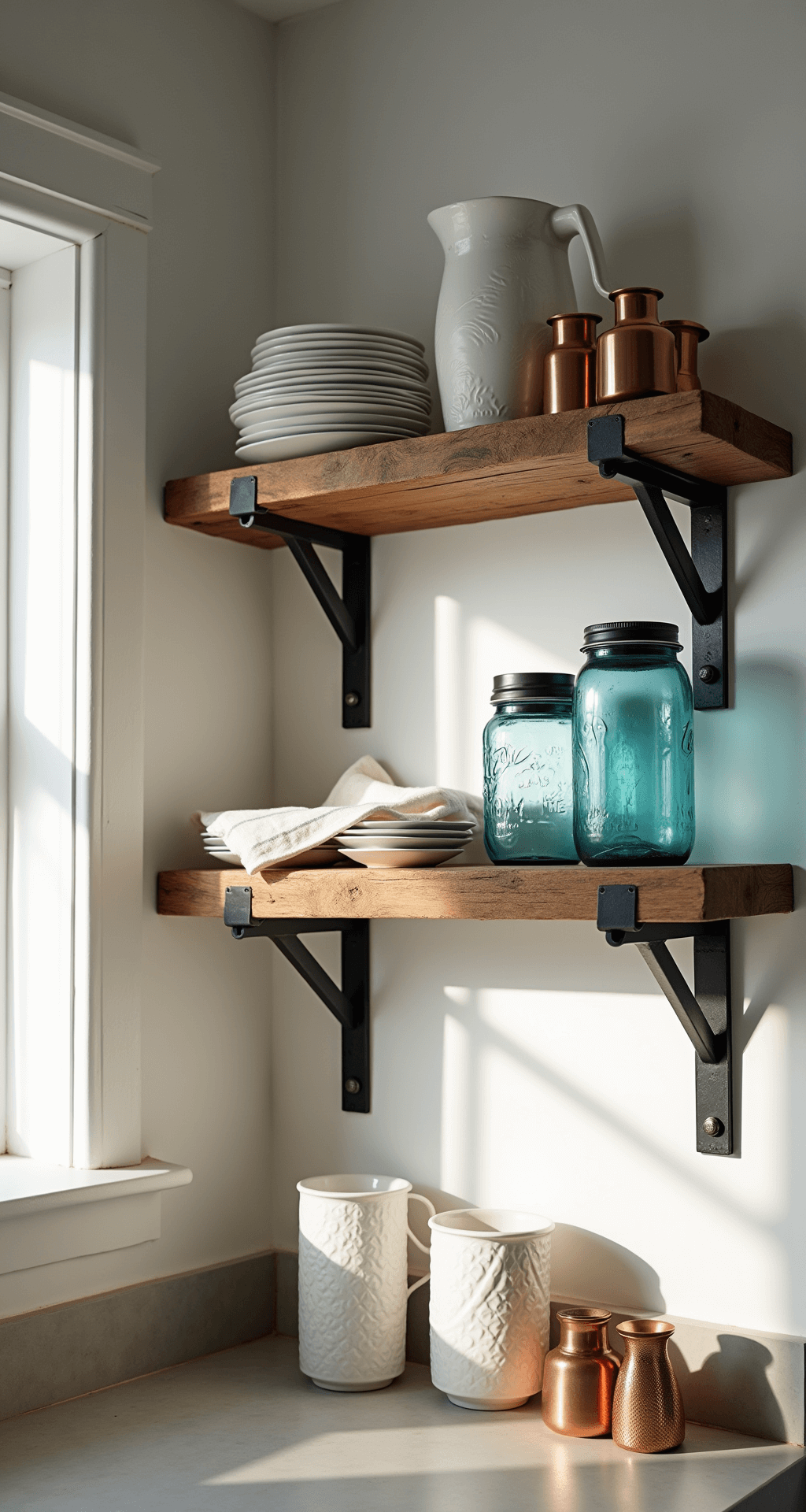 Cozy kitchen nook with DIY barn wood shelves, styled with white ceramic dishes, vintage blue jars, and antique copper cups, illuminated by morning light and casting geometric shadows.
