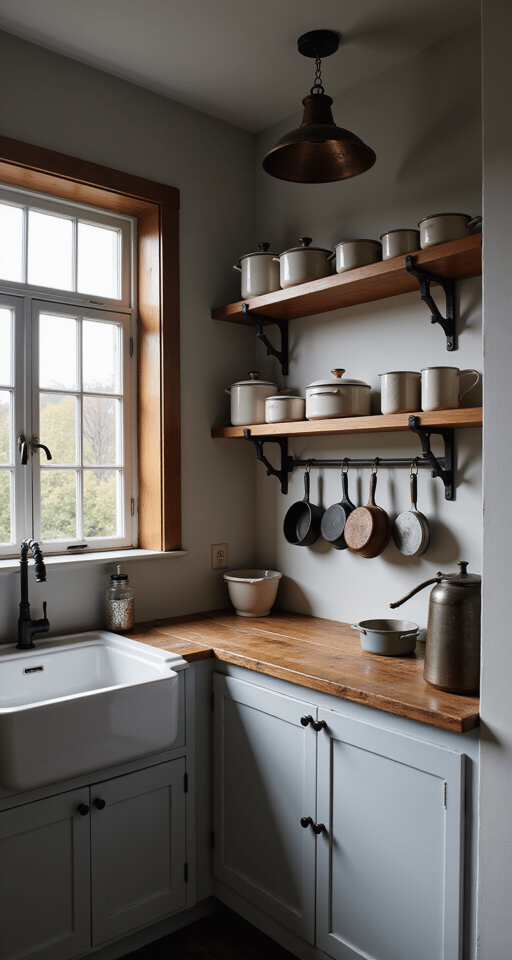 Dramatic dusk lighting in a renovated kitchen featuring soft gray cabinets with vintage bin pulls, antique enamelware on open shelving, and cast iron skillets hanging from a pot rack, with textured elements and moody shadows.