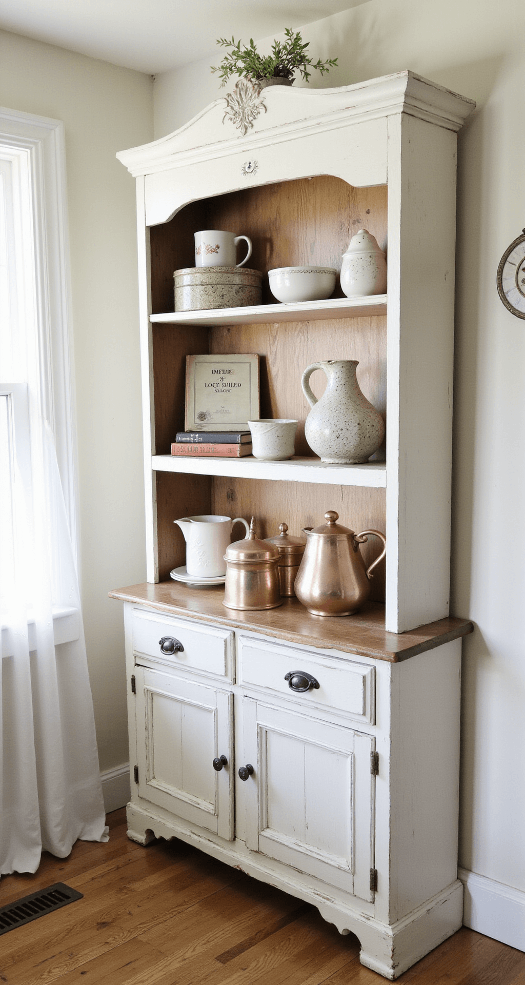 A serene morning light bathes a cozy kitchen, featuring an antique hutch painted soft white filled with ironstone pitchers, vintage cookbooks, and ceramic canisters, complemented by warm copper accents. Textures of chalk-painted wood and crisp linen enhance the vintage aesthetic, while soft natural light highlights the antiqued whites and warm tones.
