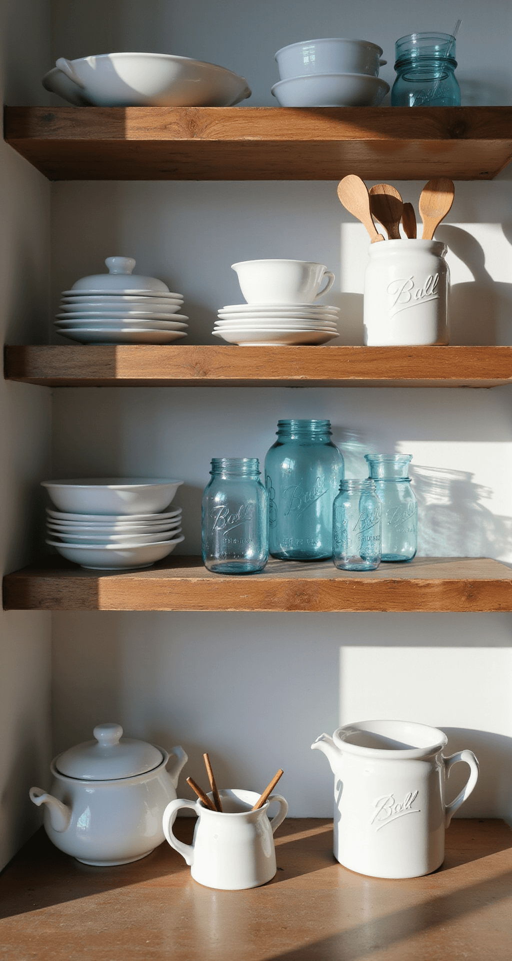 Close-up view of a kitchen shelf styled with white dishes, vintage blue mason jars, and wooden utensils in a ceramic crock, illuminated by dramatic side lighting that accentuates strong shadows amidst a backdrop of distressed wood and smooth ceramics, featuring a dreamy bokeh effect.