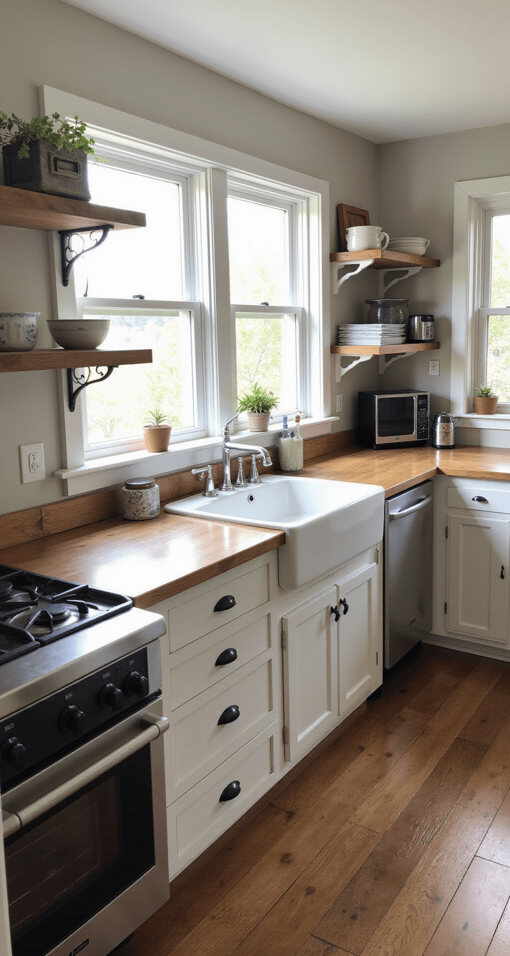 A wide shot of a bright farmhouse kitchen during golden hour, featuring painted cabinets and DIY shelving adorned with thrifted accessories. The scene showcases a blend of modern appliances and vintage finds, with warm whites, soft grays, and black accents dominating the color palette. Natural light filters through the windows, highlighting the textured materials of painted wood, aged metal, and fresh linens.
