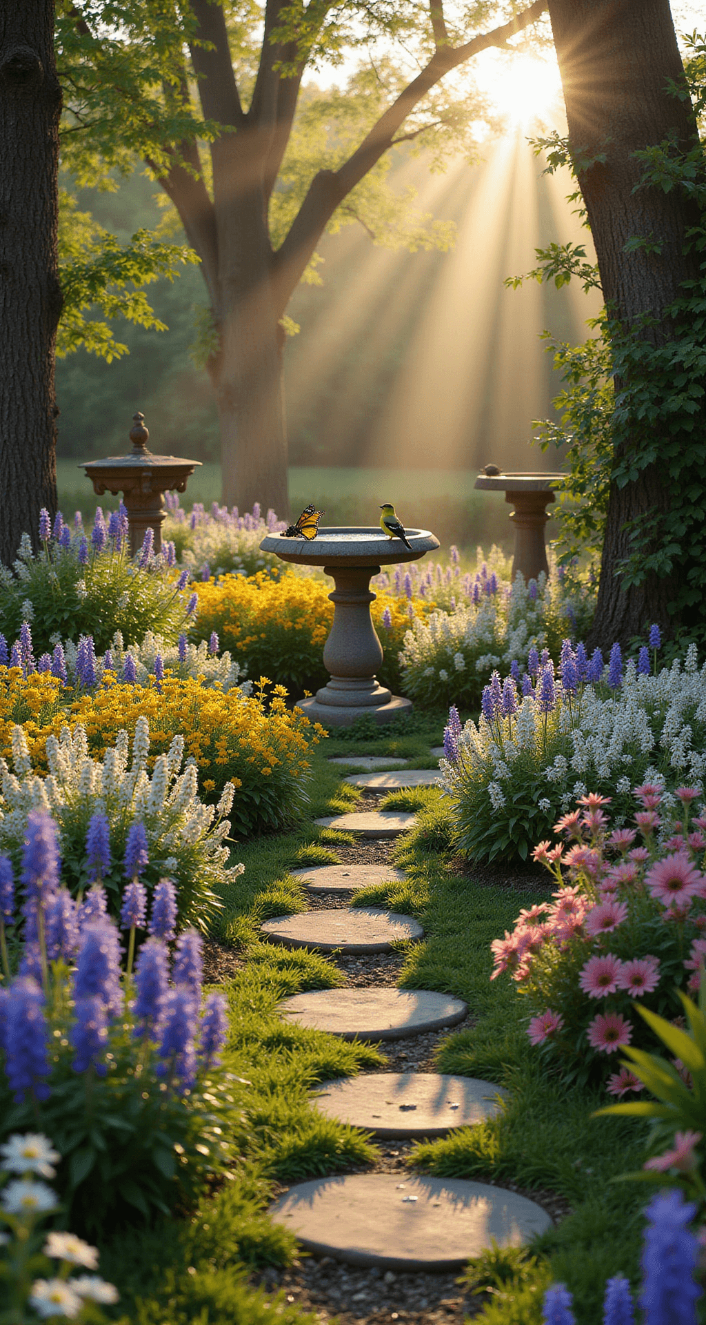 A tranquil backyard wildlife sanctuary at sunrise, featuring diverse native plants, feeding stations, and butterflies, with a stone birdbath and stepping stones leading through the vibrant garden.