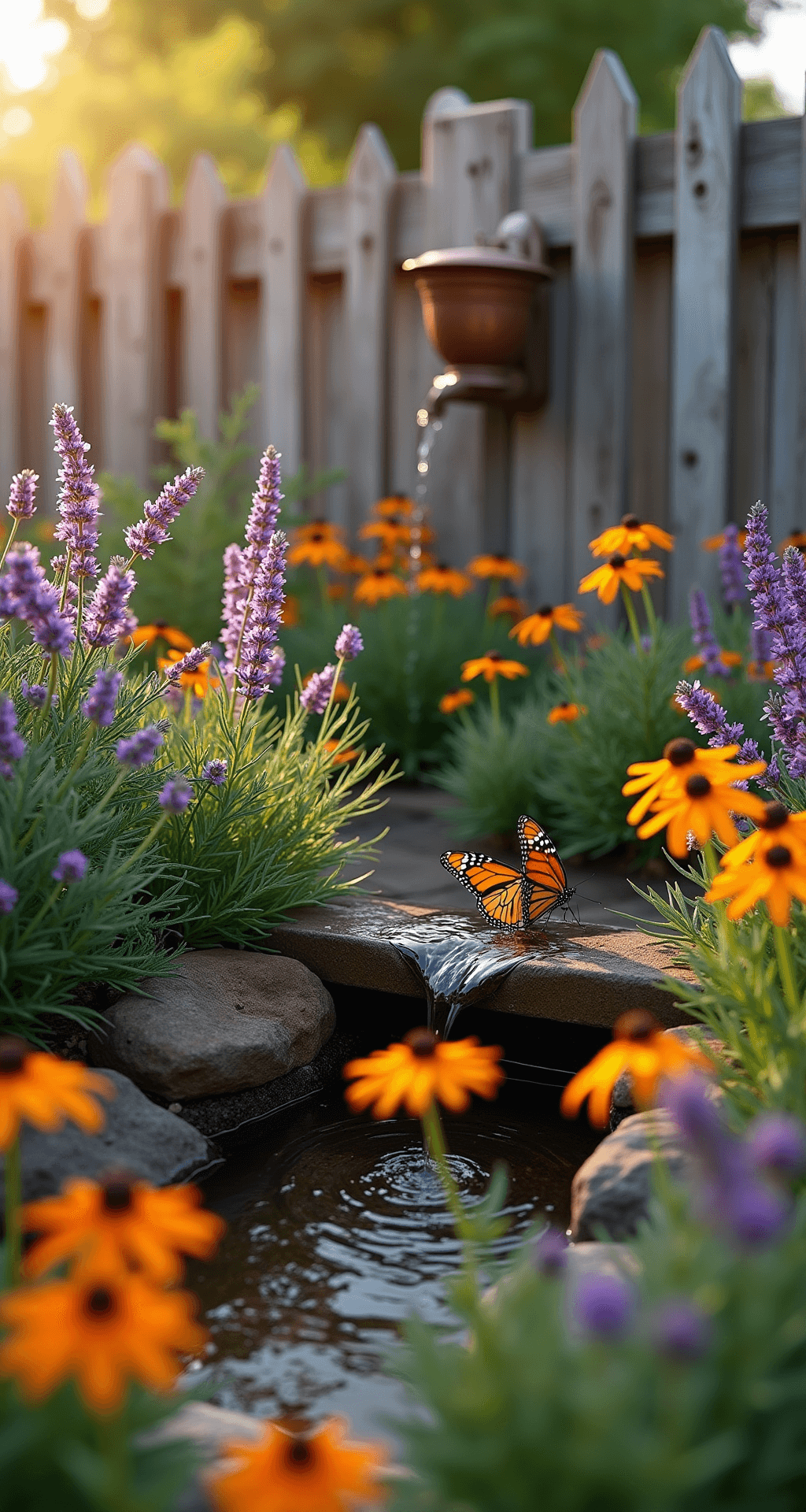 Close-up shot of a butterfly garden nook featuring clusters of native lavender, butterfly weed, and purple aster illuminated by golden hour light, with swallowtail butterflies drinking from puddles near a small copper fountain and contrasting textures of fennel and black-eyed susan flowers.