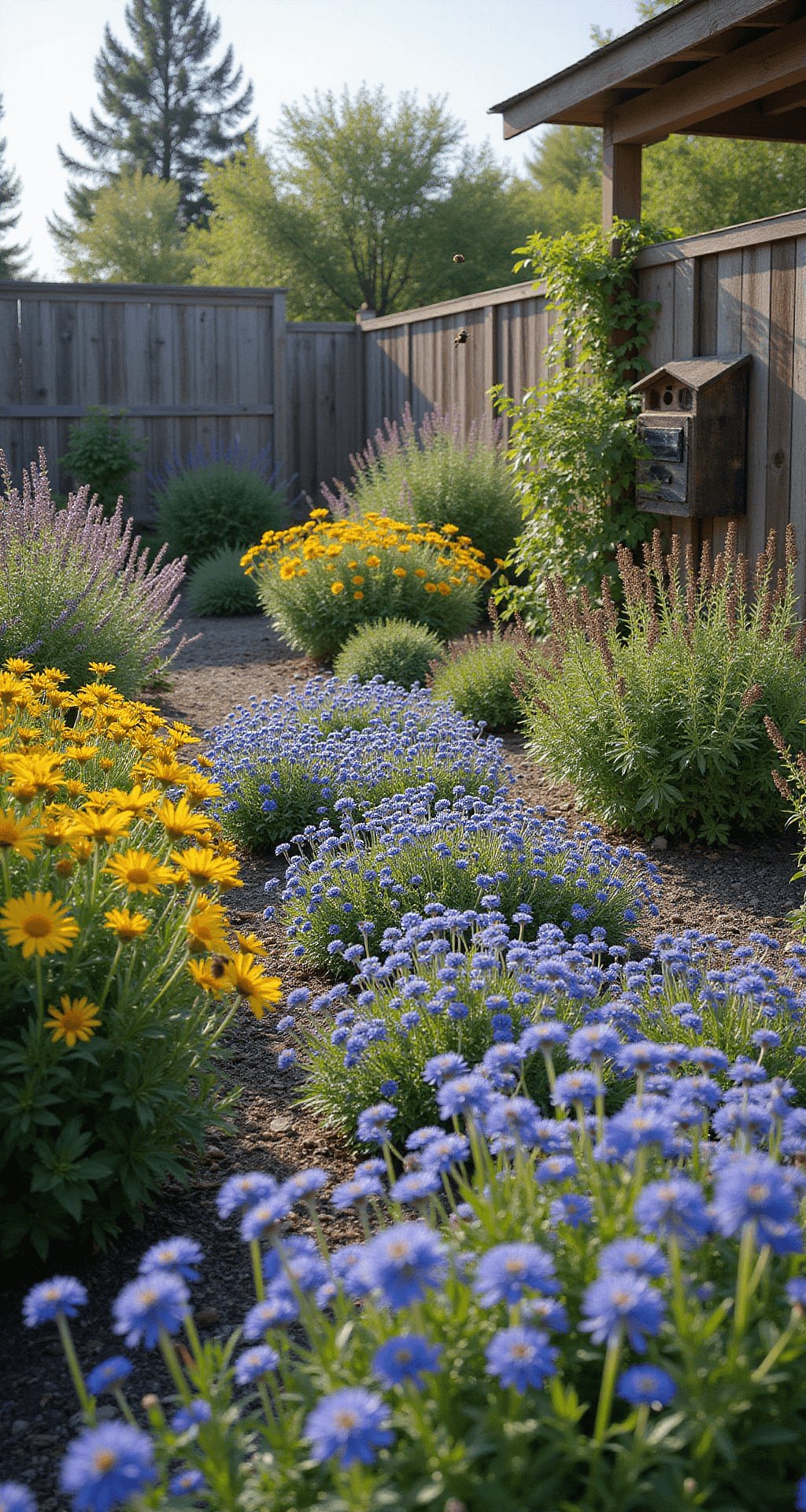Wide-angle shot of a vibrant bee-friendly garden featuring blue, purple, and yellow nectar-rich plants, including mountain mint and bee balm, with a handcrafted insect hotel and native bees around yarrow and rudbeckia, captured in cool morning light.