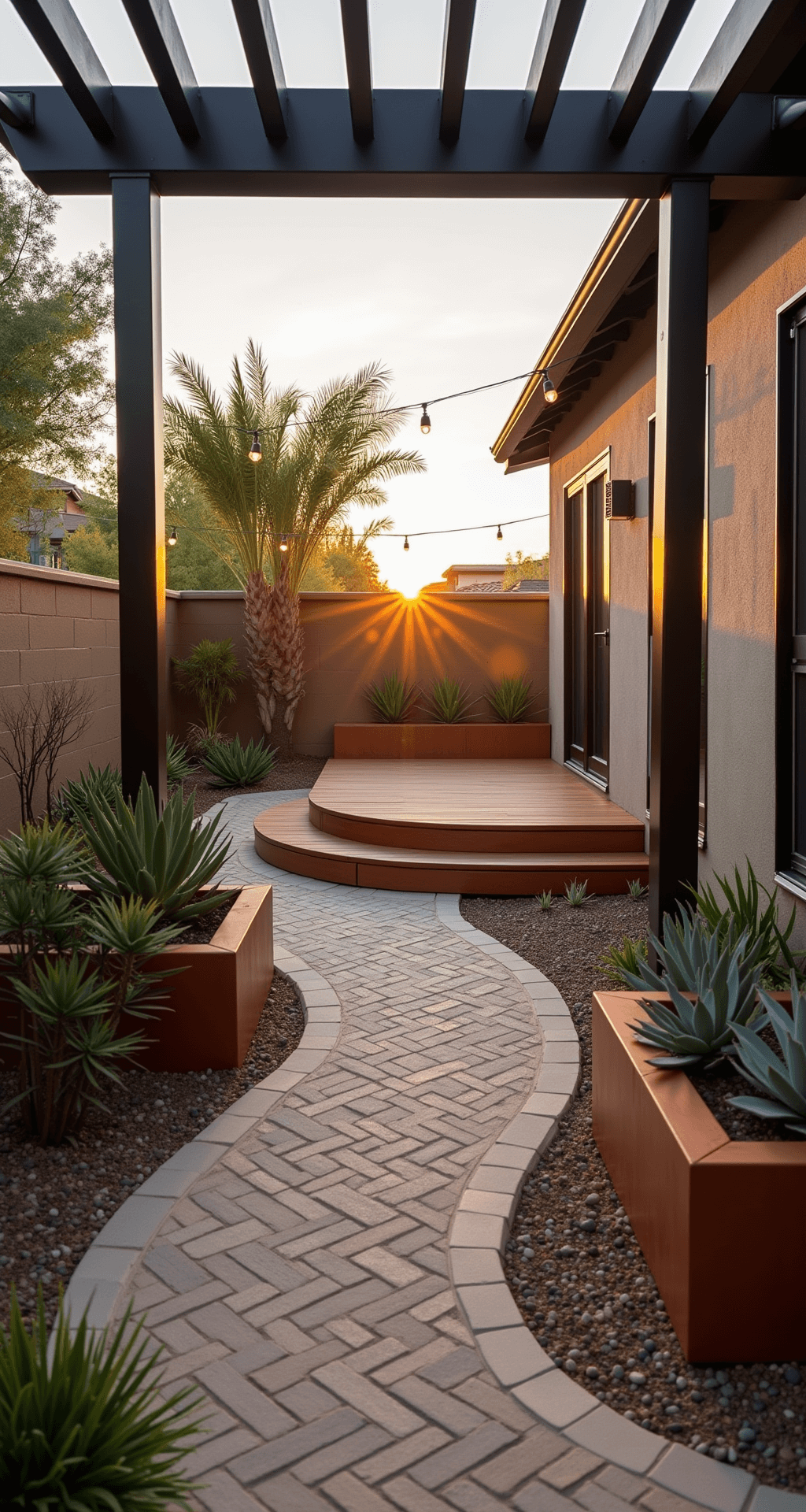 A modern backyard patio at golden hour featuring a curved herringbone paver pathway leading to a raised IPE wood deck, surrounded by desert-inspired landscaping with succulents in copper planters, under a black aluminum pergola with dramatic shadows and string lights overhead, illuminated by warm uplighting on desert palms.