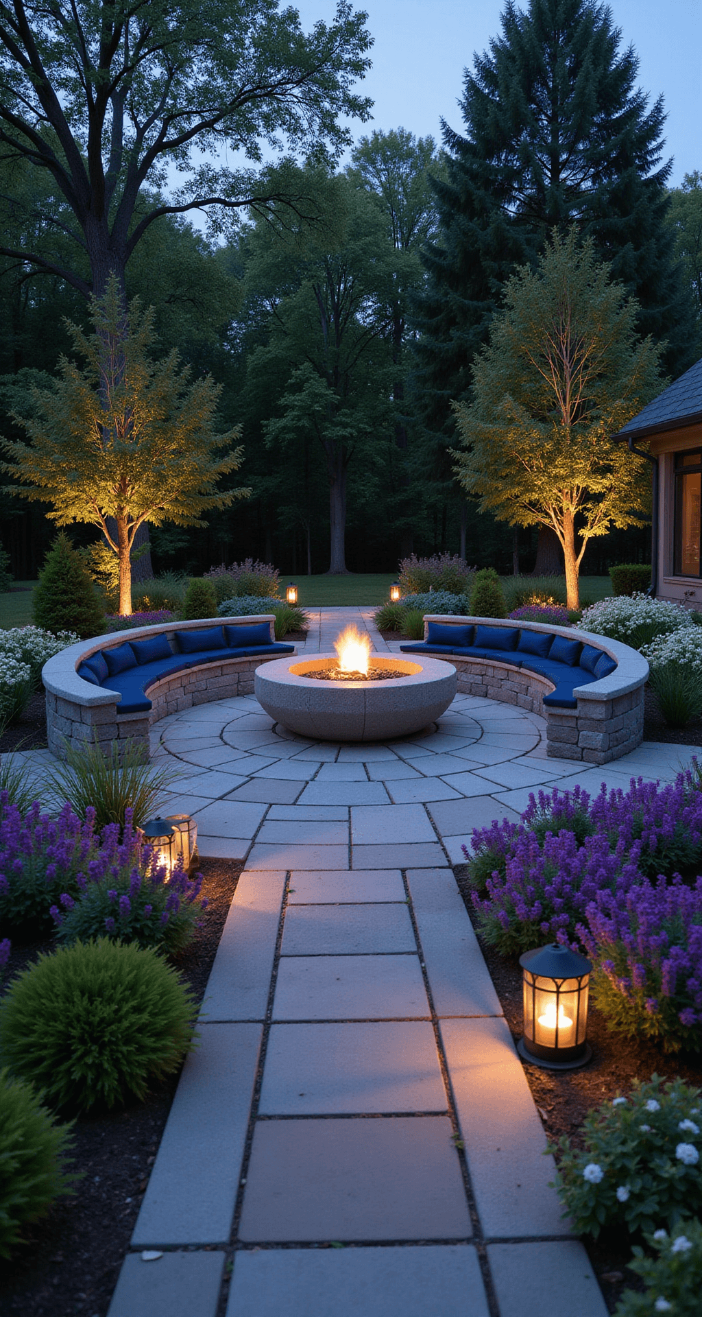 Twilight garden sanctuary featuring a circular stone fire pit with curved concrete seating, surrounded by native purple and white perennials, illuminated by copper path lights and soft ambient metal lanterns.