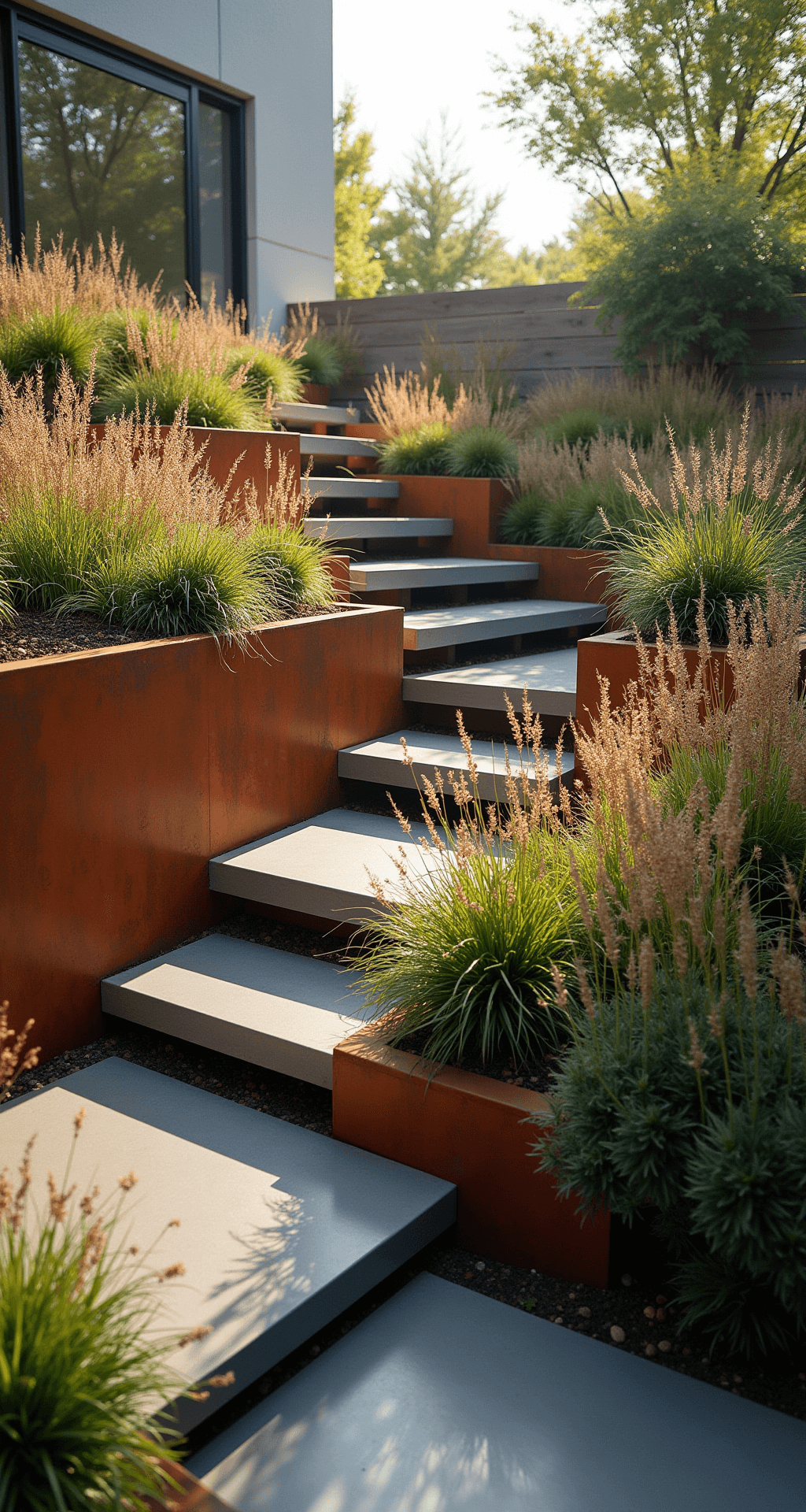 Aerial view of a terraced garden with three-tiered Corten steel retaining walls, filled with ornamental grasses and flowering shrubs. A modern floating staircase connects the levels, surrounded by mixed materials like slate, steel, and natural wood. Dew-kissed plants shimmer in the morning light, featuring colors of rust orange, silver-green, charcoal, and wheat.