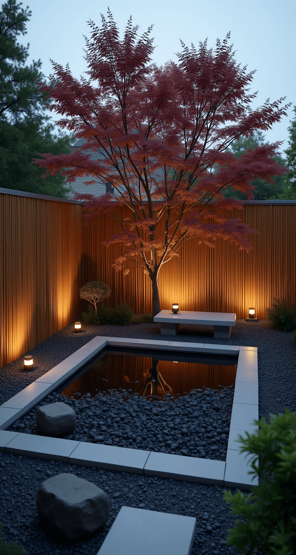 Dusk shot of a serene Asian-inspired meditation garden featuring a square reflection pool surrounded by black river rocks, minimalist concrete benches on gravel, and uplighted Japanese maples casting dramatic shadows, with stone lanterns providing soft illumination, set in deep green, black, warm gray, and burgundy foliage.